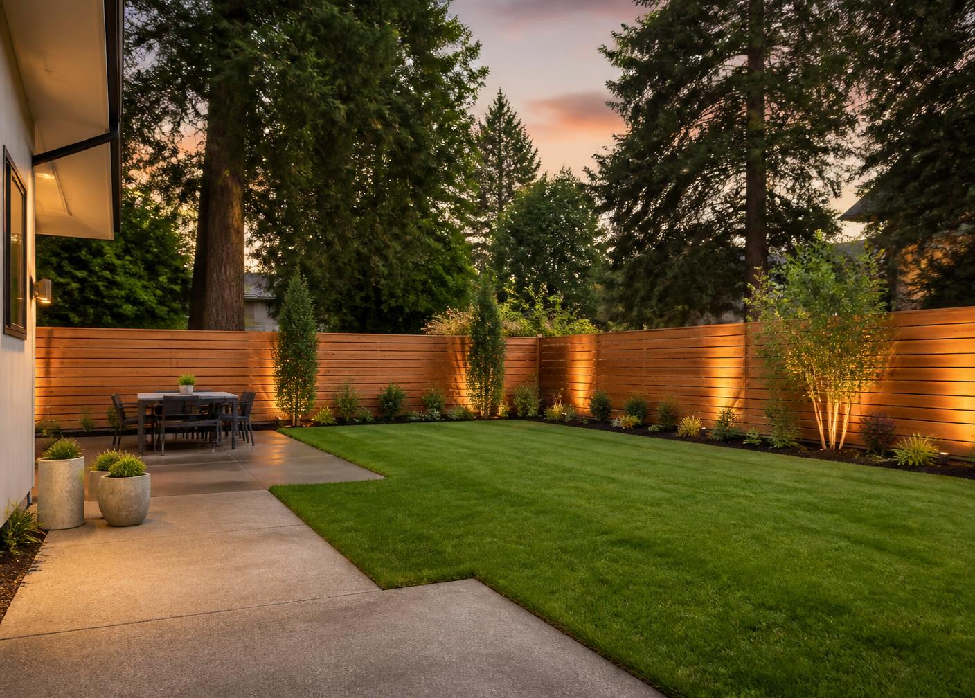 Finished cedar privacy fence creating a private backyard at dusk