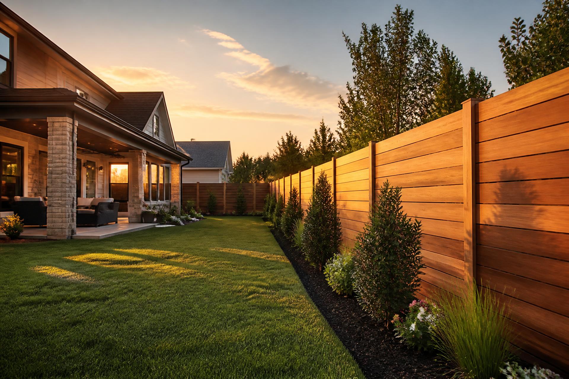 Modern cedar privacy fence surrounding a warm residential backyard