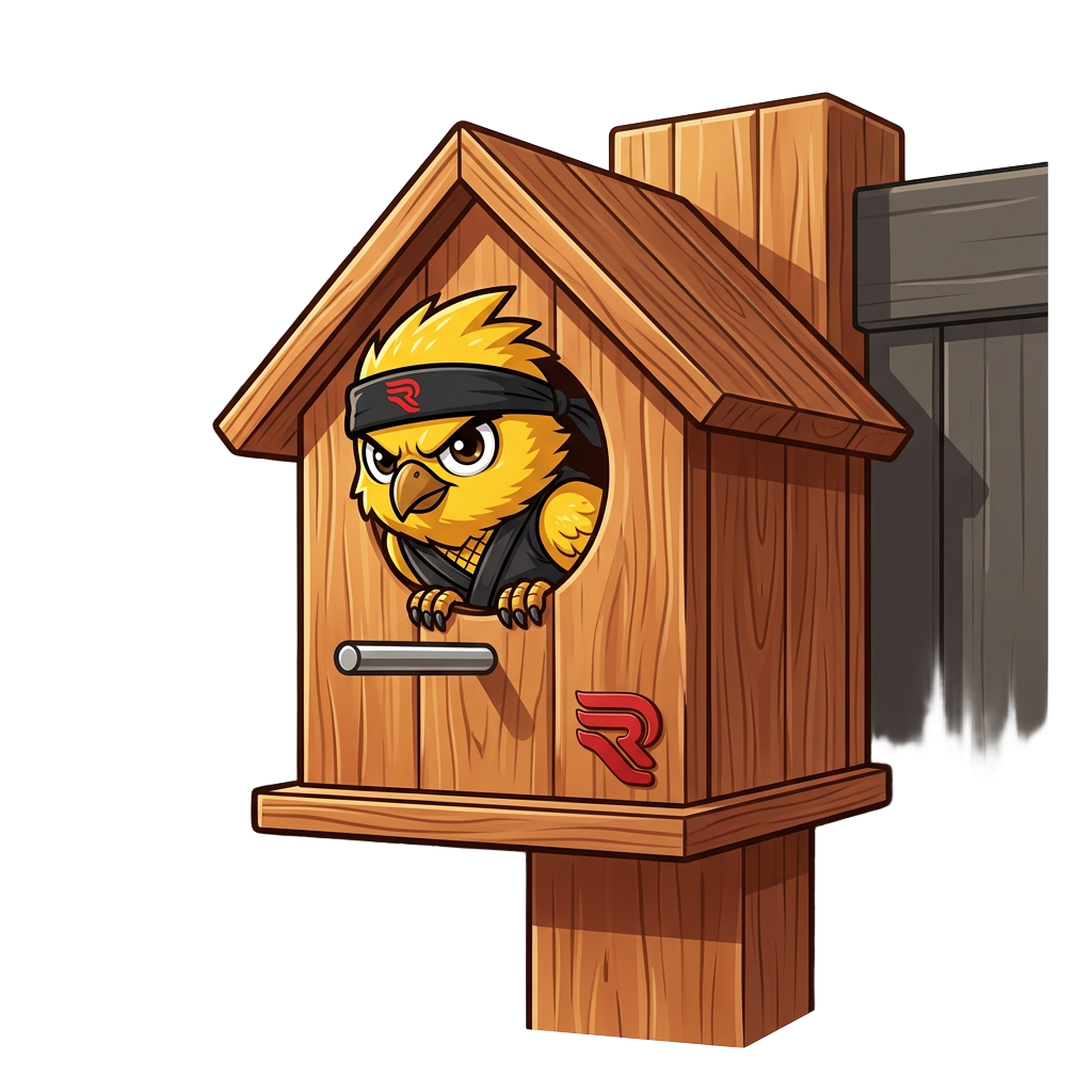 Cedar Revive birdhouse mounted beside a finished privacy fence with the yellow ninja bird peeking out